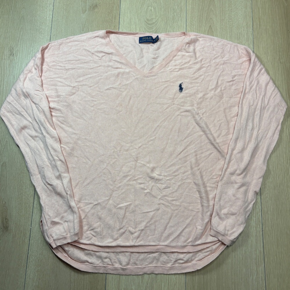 Polo Ralph Lauren Womens V-Neck Lightweight Sweater Pink Pony Logo Size Medium